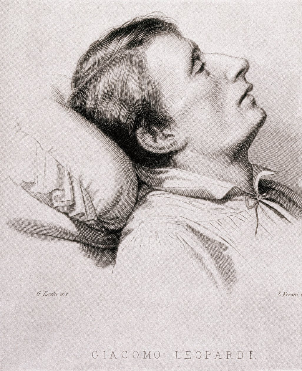 Der italienische Dichter Giacomo Leopardi (1798-1837) auf seinem Sterbebett. Gravur des 19. Jahrhunderts von Unknown artist