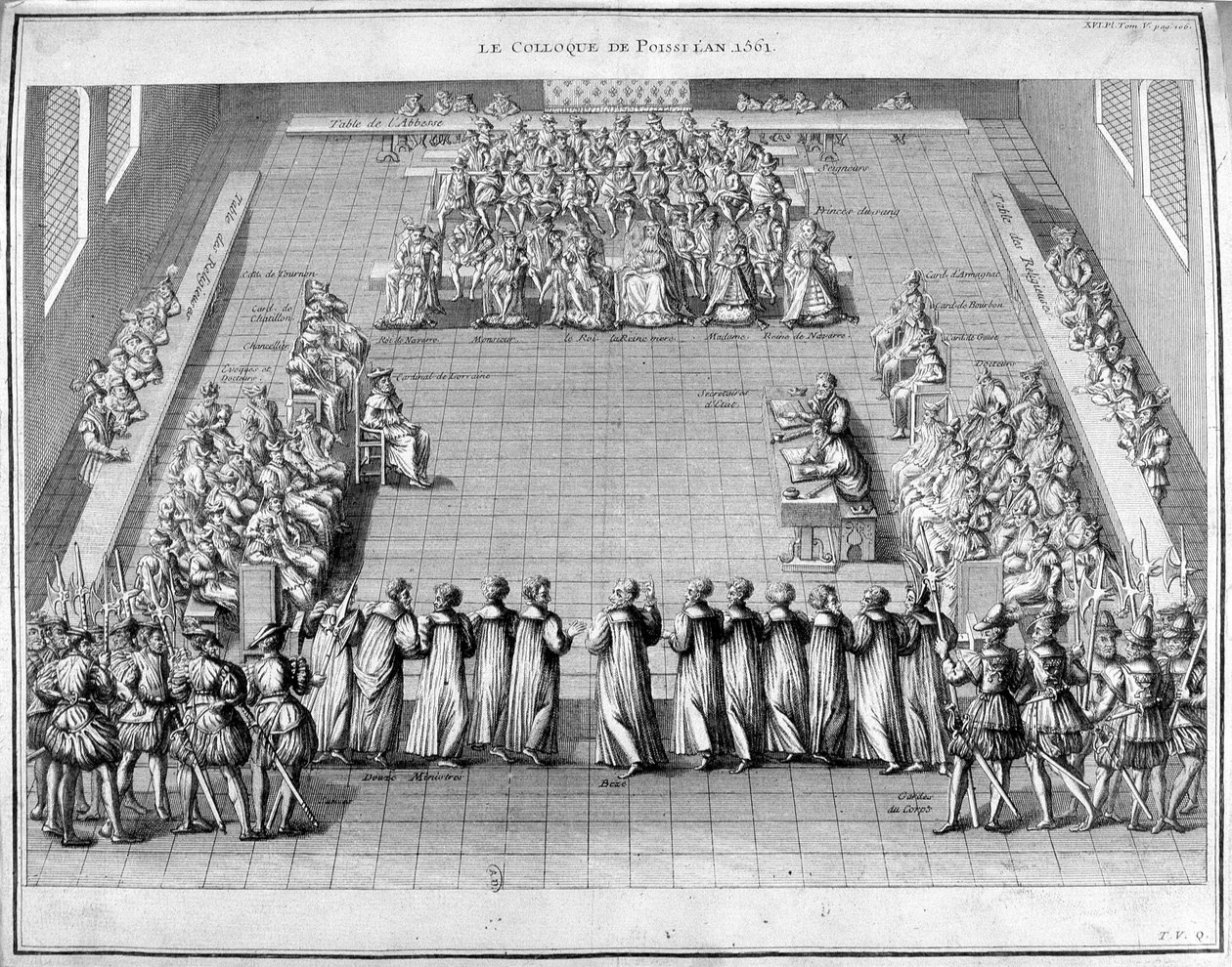Das Poissy-Kolloquium (Poissy) im Jahr 1561. In der Mitte der König von Frankreich Karl IX. (1550-1574) und die Königinmutter Caterina de
