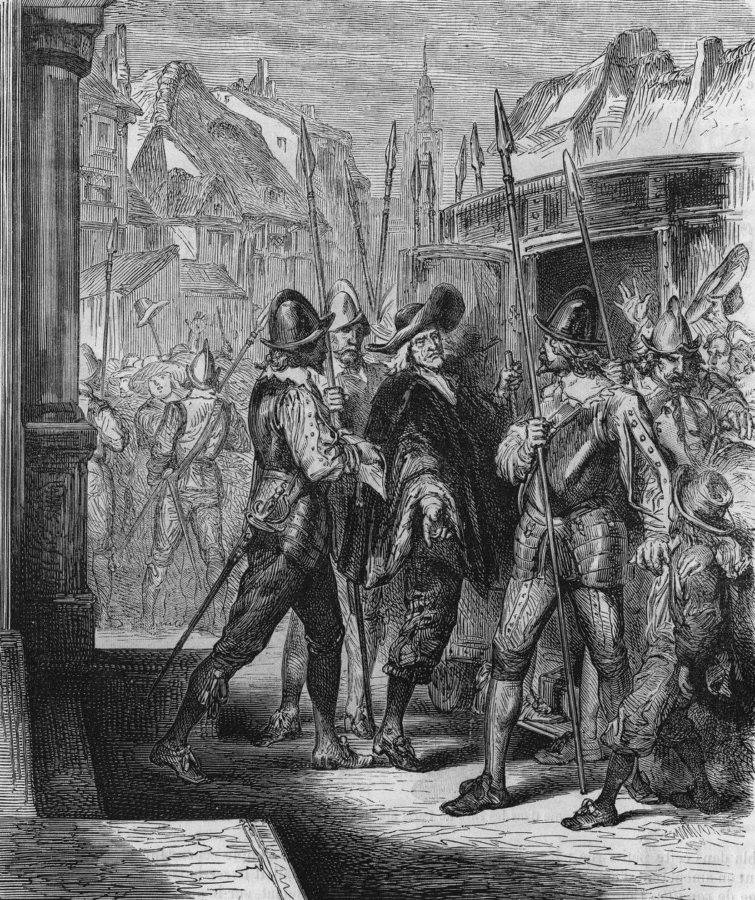 Die Verhaftung von Pierre Brousel (1575 - 1654) im Jahr 1648 auf Befehl von Anne von Österreich, die den Aufstand des Volkes (Tage der Barrikaden) und die Fronde auslöste. Gravur von 1866 von Unknown artist