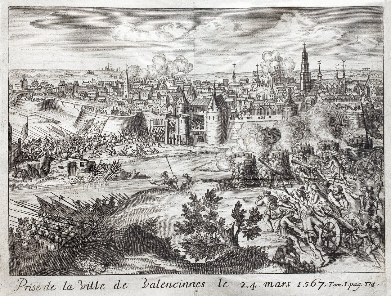 Die Stadt Valenciennes (Frankreich) wurde am 24. März 1567 eingenommen. Erste Schlacht des Aufstands der Geusen (Beginn des Achtzigjährigen Krieges) (1568-1648). Gravur zur Illustration der „Geschichte des Achtzigjährigen Krieges“ von Unknown artist