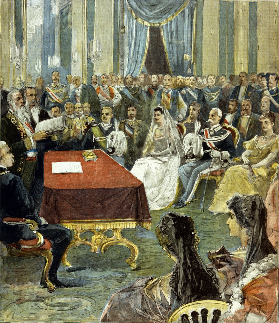 Die standesamtliche Trauung des Prinzen von Neapel - später Viktor Emanuel III. - mit Prinzessin Helene von Montenegro im Quirinalspalast 1896. In der Mitte ist Humbert I. links von der Braut zu sehen von Unknown artist
