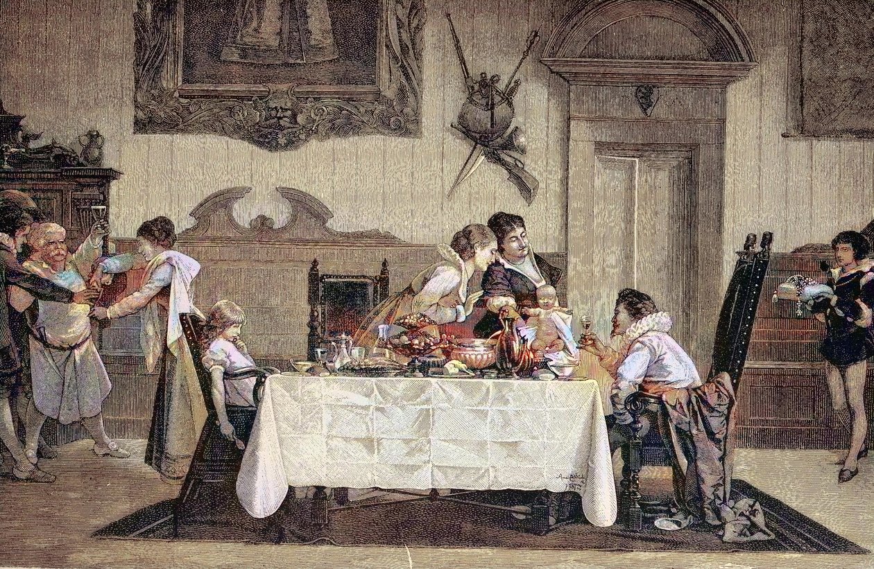 Der erstgeborene männliche Nachkomme, die Hebamme zeigt den neugeborenen Sohn den anderen Familienmitgliedern von Unknown artist