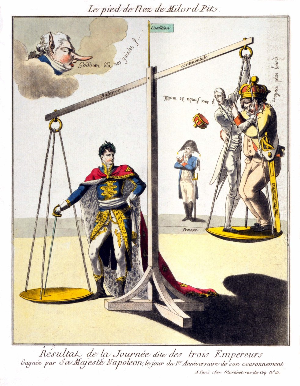 Der Fuß der Nase von Milord Pit - Das Ergebnis des sogenannten Tages der drei Kaiser - Gewonnen von Seiner Majestät Napoleon am Tag des 1. Jahrestages seiner Krönung. Karikatur über Napoleon I und die 3. Koalition (Großbritannien vertreten durch William Pi von Unknown artist