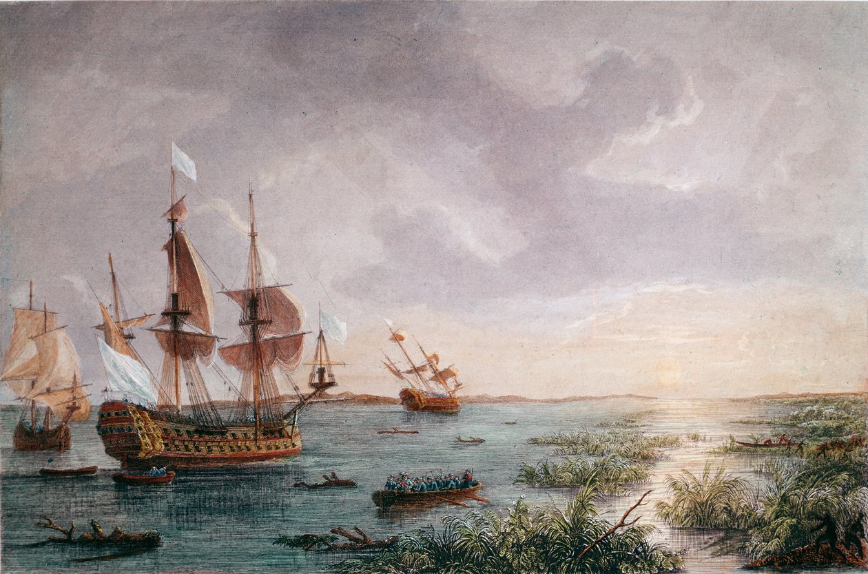 Der französische Entdecker Rene Robert Cavelier, Sieur de LaSalle entdeckt Louisiana, 1684 (Gravur) von Unknown artist