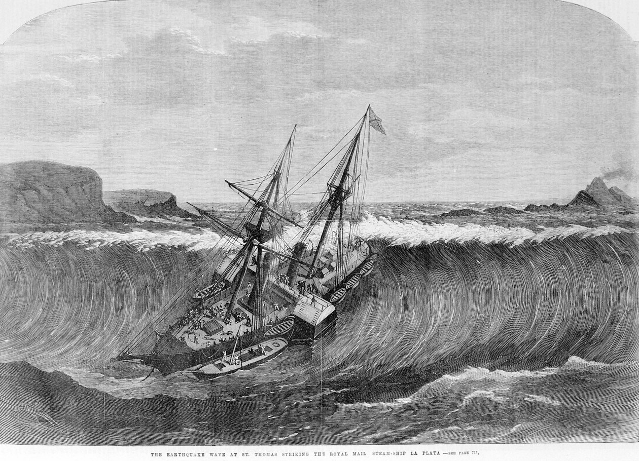 Die riesige Welle des Tsunamis von Dezember 1867 in Saint Thomas, Jungferninseln, trifft auf das Radboot La Plata. Stich aus dem 19. Jahrhundert. von Unknown artist