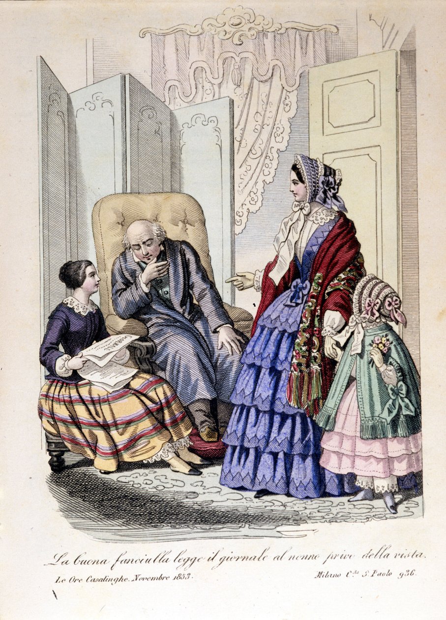 Das Mädchen liest ihrem Großvater, der das Augenlicht verloren hat, die Zeitung vor. Aus „The ore casalinghe“, November 1853. von Unknown artist