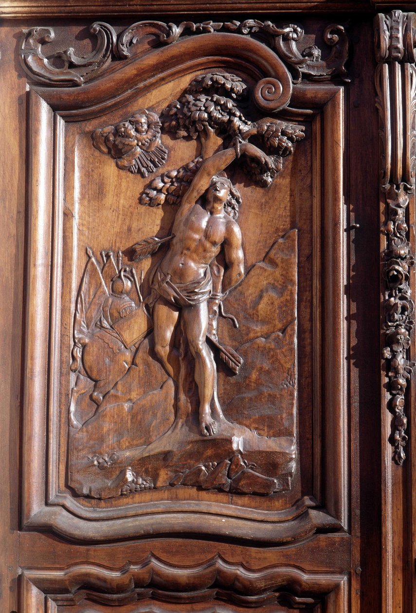 Das Martyrium des heiligen Sebastian, (Detail) der geschnitzten Holztür der Kirche der unbefleckten Empfängnis, Menton. von Unknown artist