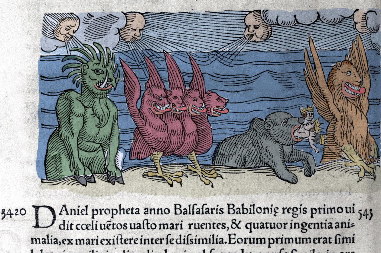 Der Prophet Daniel sieht Monster erscheinen: Haniel, Kafziel, Azriel, Aniel. Gravur aus „The Book of Prodigiorum ac ostentorum Chronicon Basileae“ von Wolfhart (Conrad Lycosthene) 1557 von Unknown artist