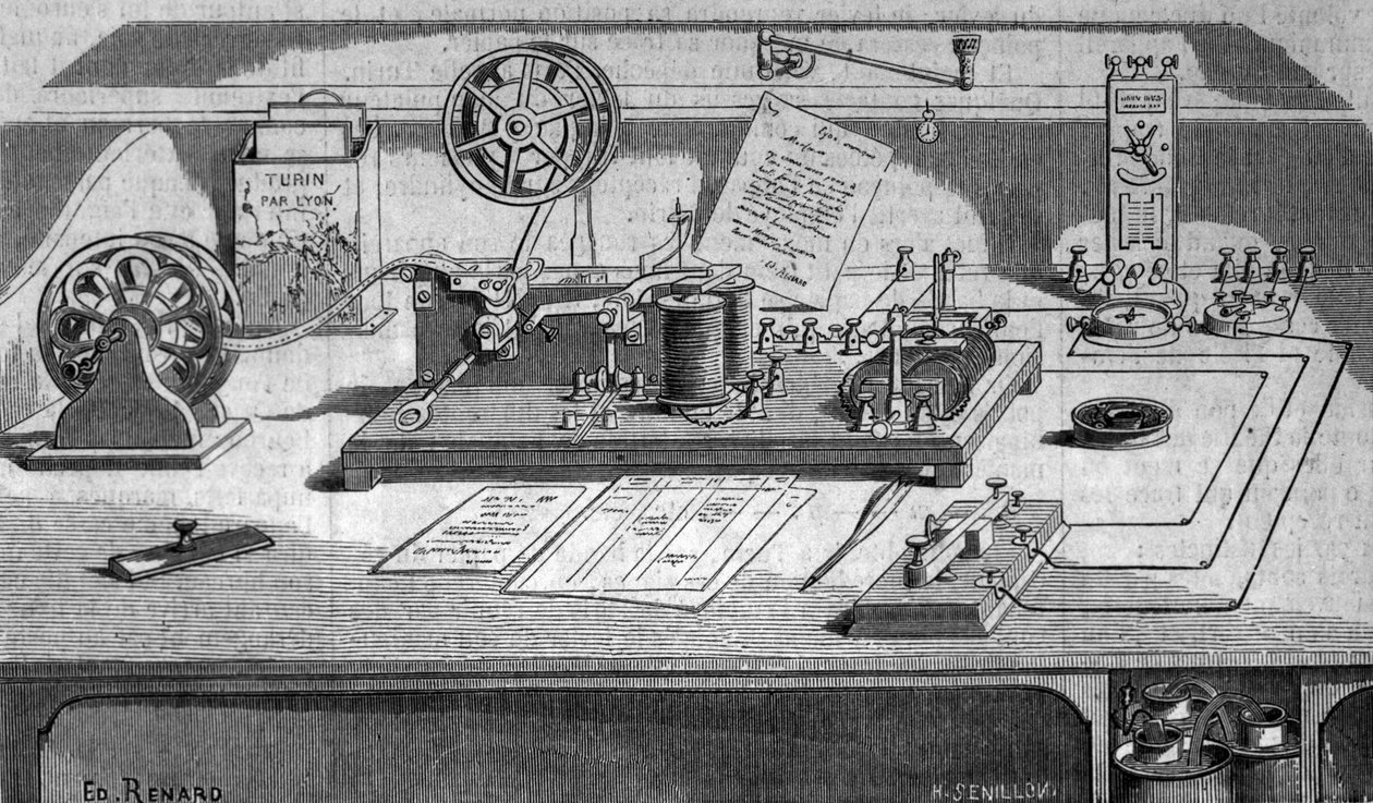 Der Telegraph, erfunden vom amerikanischen Erfinder Samuel Finley Breese Morse (1791-1872). Gravur aus dem 19. Jahrhundert von Unknown artist