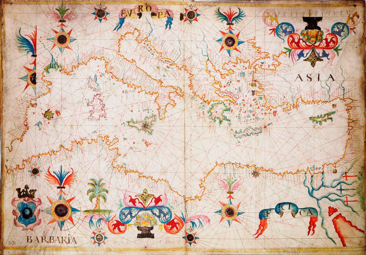 Dieser Typ früher Pergament-Seekarte entstand im Mittelmeer im 13. Jahrhundert, um 1610 (Manuskript) von Unknown artist