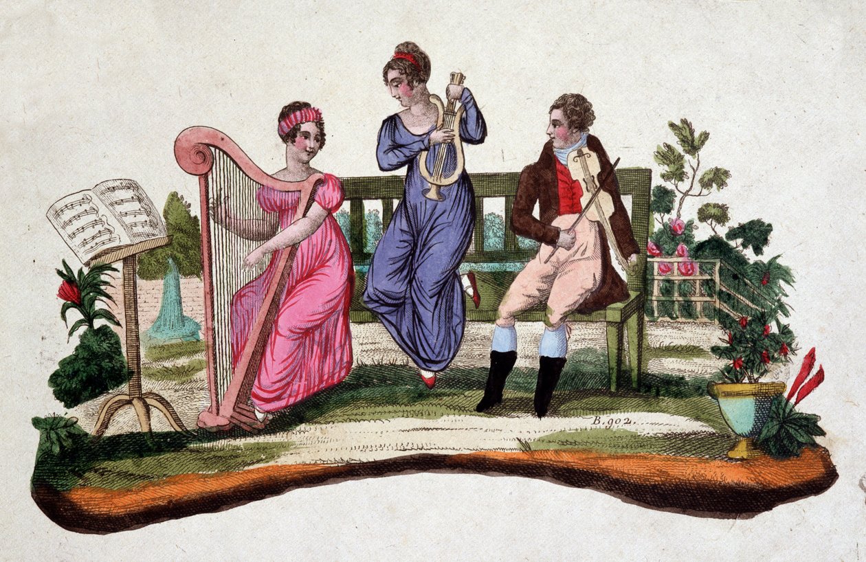 Drei Personen spielen Musikinstrumente in einem Garten: Harfe, Leier, Viola. Radierung, 18. Jahrhundert von Unknown artist