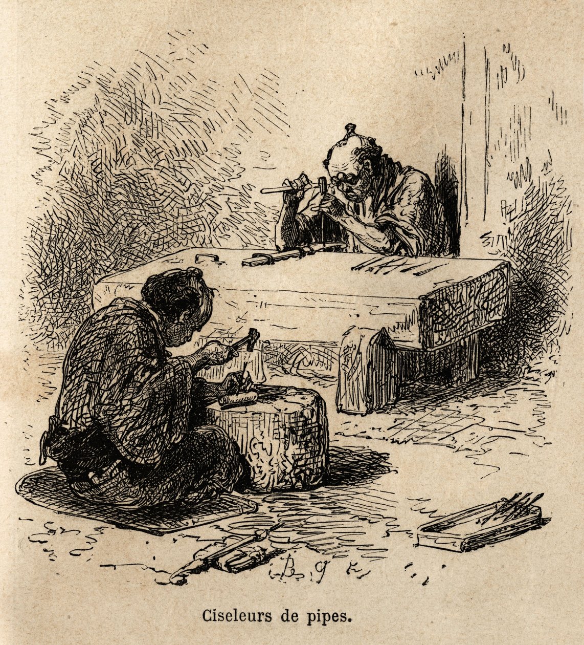 Zwei Arbeiter, jeder mit einem Hammer und einem Stempel, gravieren Metallrohre in ihrer Werkstatt. Gravur zur Illustration der Reise nach Japan, von Aime Humbert, Minister der Schweizerischen Eidgenossenschaft, 1863-1864, veröffentlicht in „Le tour du mond von Unknown artist