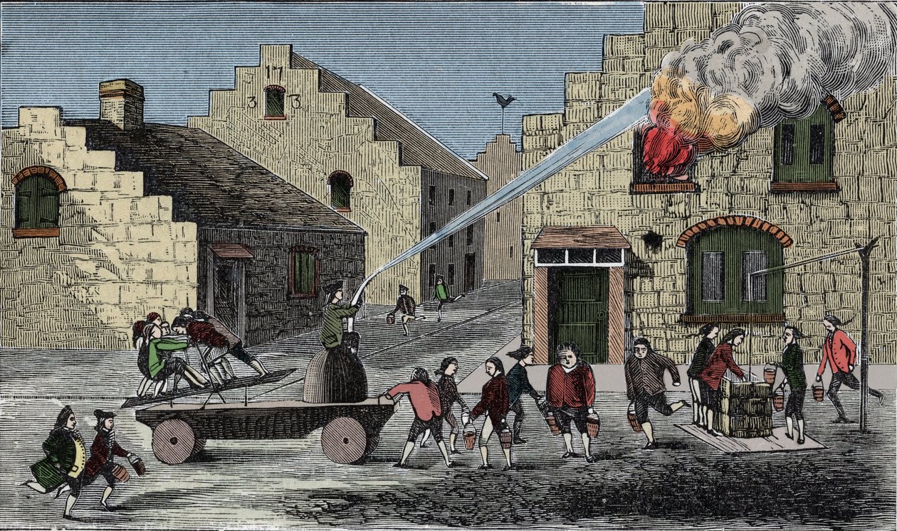 Verwendung einer Feuerspritze zur Brandbekämpfung. Gravur von 1733. von Unknown artist