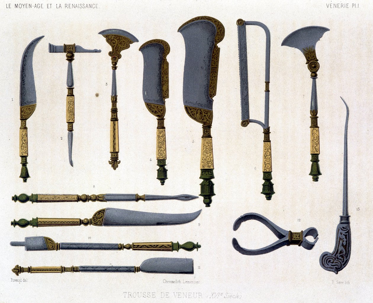 Venerie-Tafel: 16. Jahrhundert Jägerausrüstung. In „Das Mittelalter und die Renaissance“ von Lacroix von Unknown artist