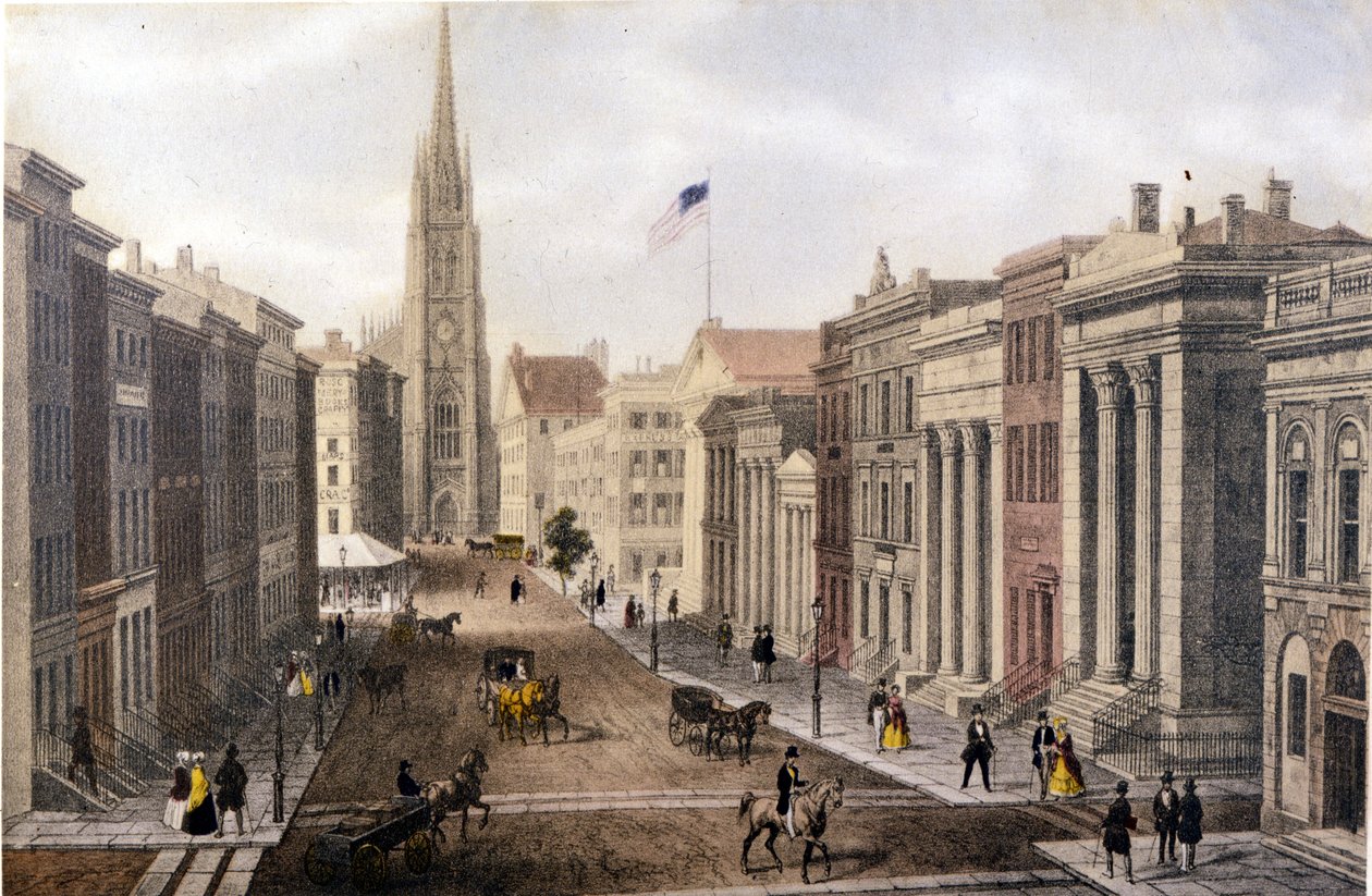 Ansicht von New York: Wall Street Ansicht von William Street. Lithographie sd. um die Mitte des 19. Jahrhunderts von Unknown artist