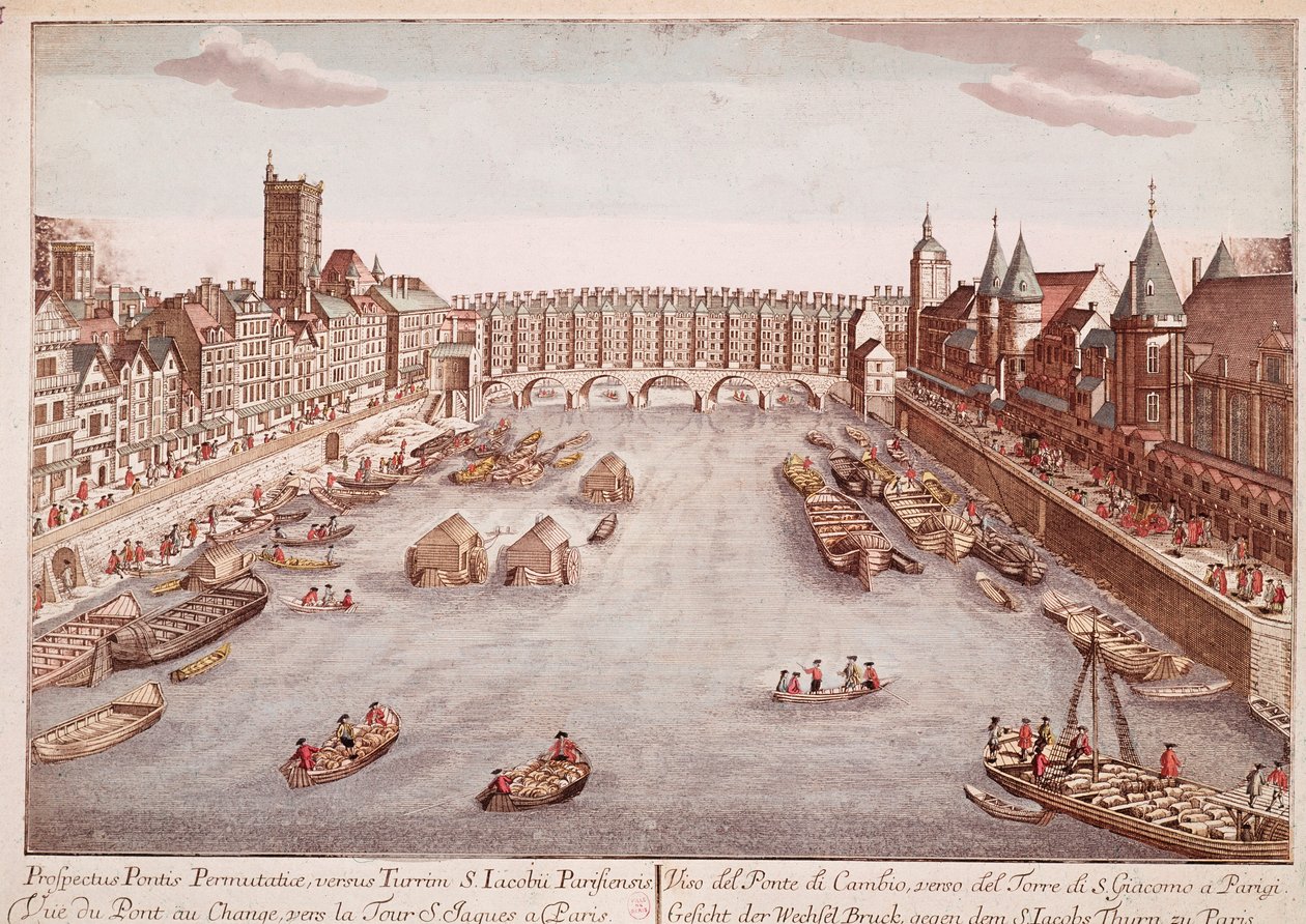 Ansicht der Pont-au-Change in Richtung Saint-Jacques-Turm, Paris (Gravur) von Unknown artist