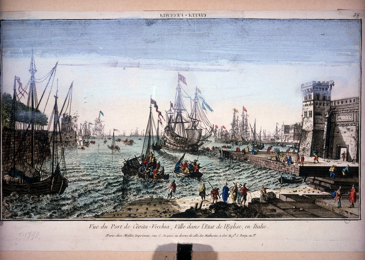 Ansicht des Hafens von Civitavecchia, Stadt im Kirchenstaat, Italien. Optische Ansicht aus dem 18. Jahrhundert von Unknown artist