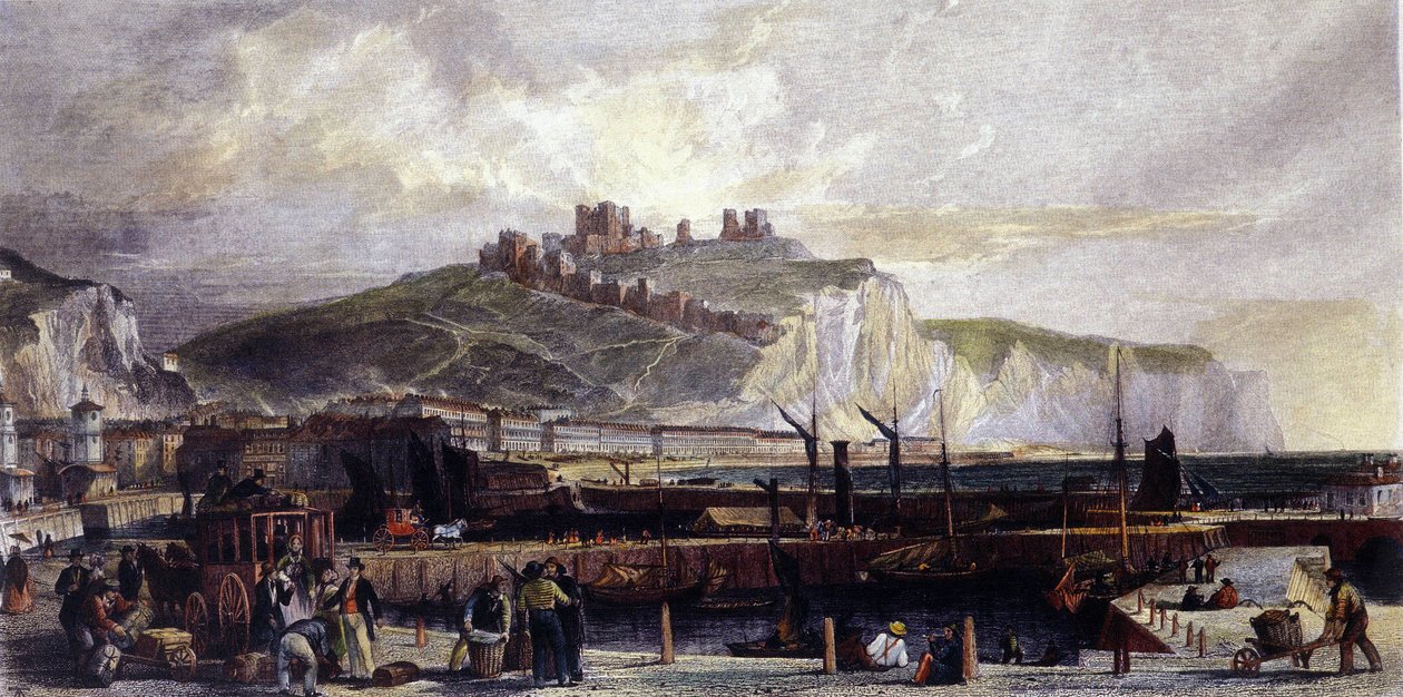 Ansicht der Stadt Dover und ihrer hohen weißen Kreidefelsen in England. 1850. von Unknown artist