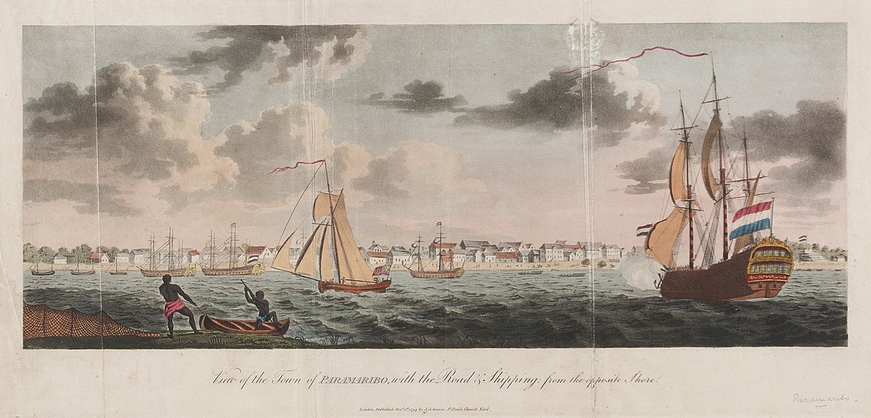 Ansicht der Stadt Paramaribo, mit der Straße und den Schiffen vom gegenüberliegenden Ufer von Unknown artist