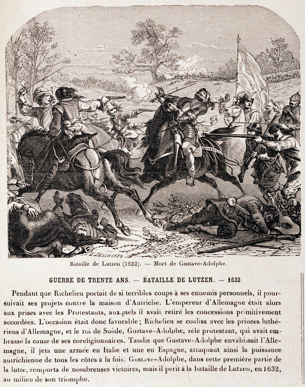 Dreißigjähriger Krieg: Schlacht bei Lützen (1632) und der Tod von Gustav Adolf. - in „Die Geschichte Frankreichs in 100 Gemälden“ von Unknown artist