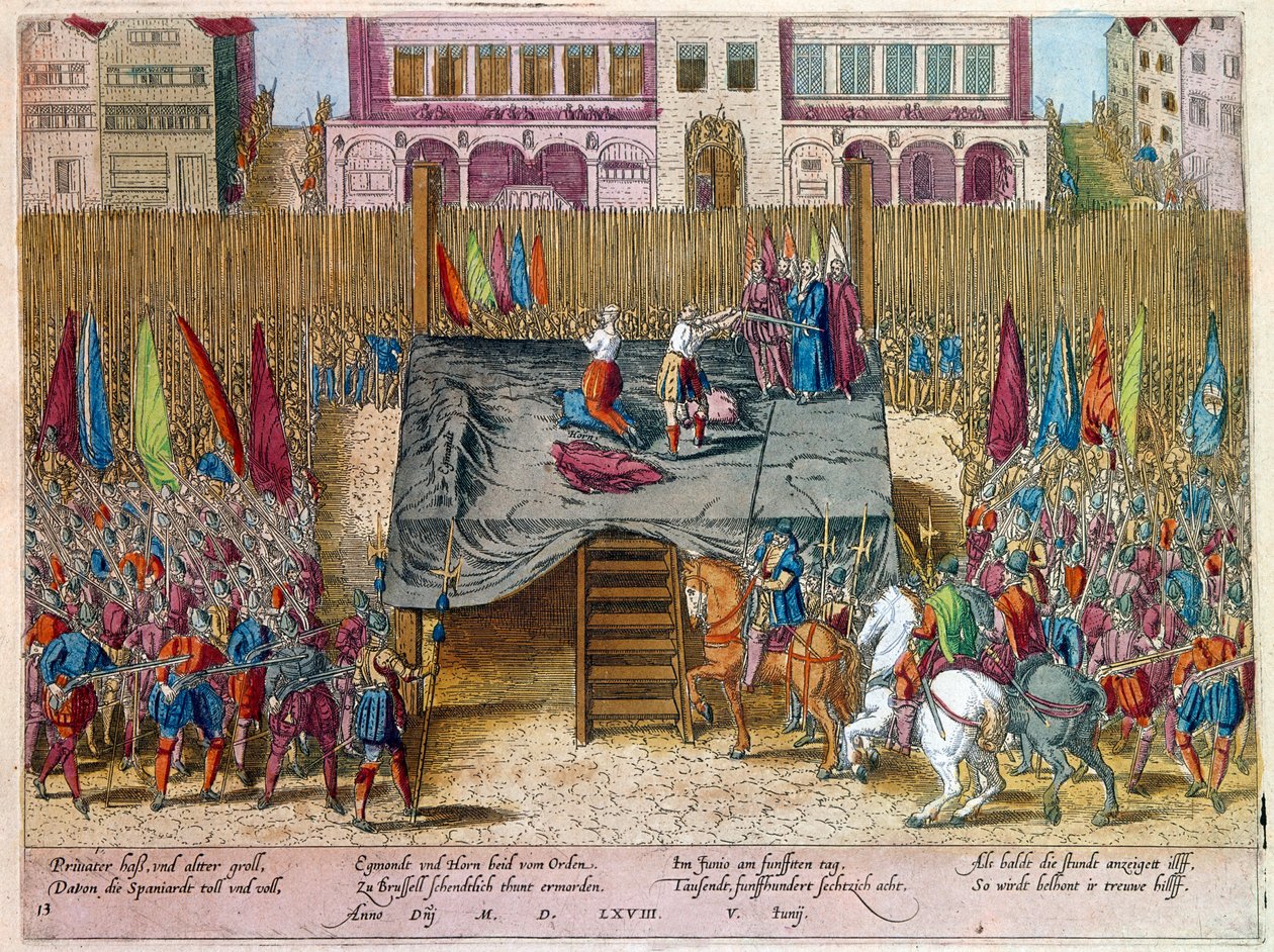 Krieg der Neunzig Jahre: Die Enthauptung von Lamoral, Graf von Egmont, Prinz von Gavre (1522-1568), niederländischer Politiker. Er wurde im Rahmen des Conseil des troubles (oder Blutrat) verurteilt, der vom Herzog von Alba eingerichtet wurde. Gravur. Paris von Unknown artist