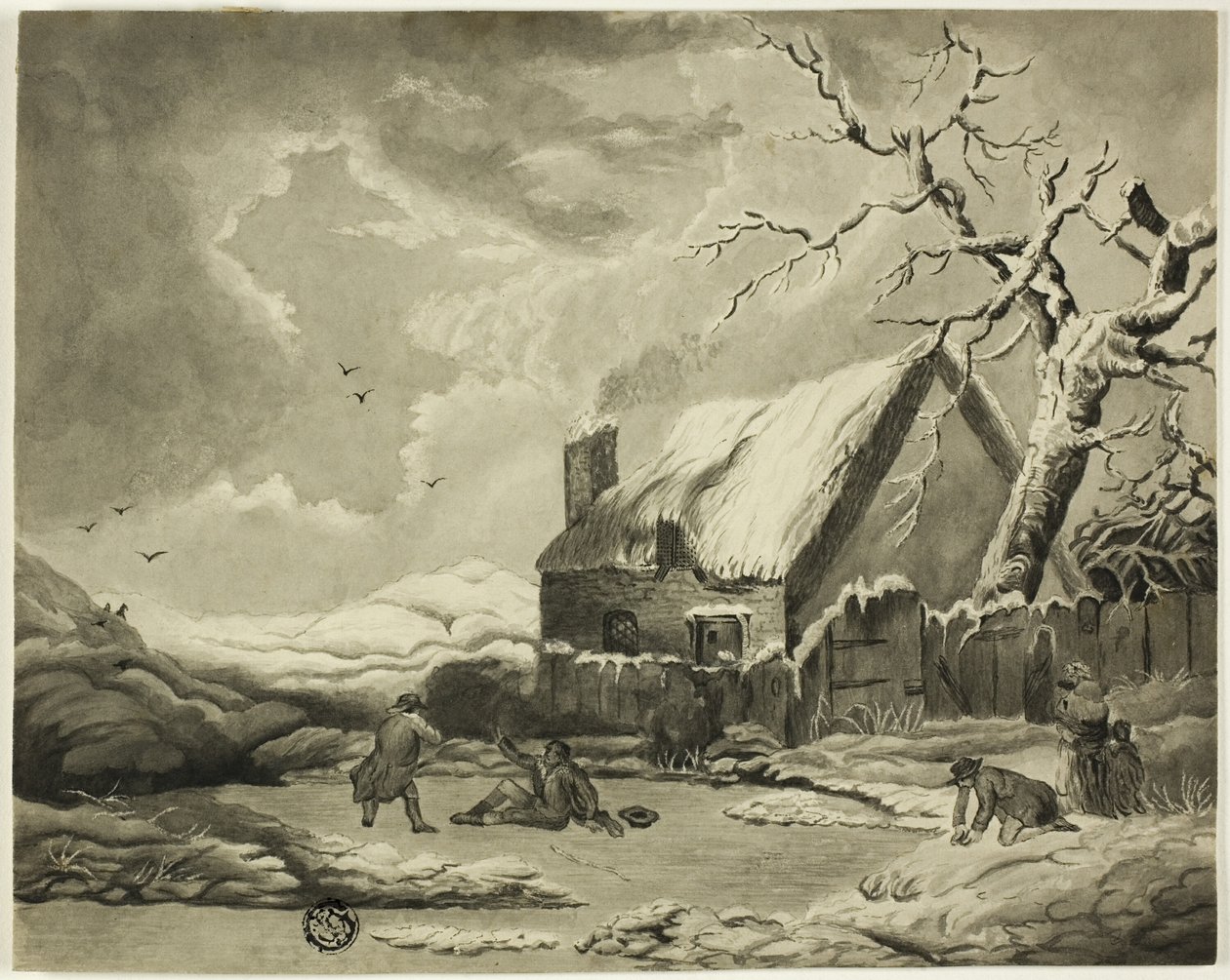 Winterszene mit Menschen vor einem Cottage in der Nähe eines Teiches von Unknown artist