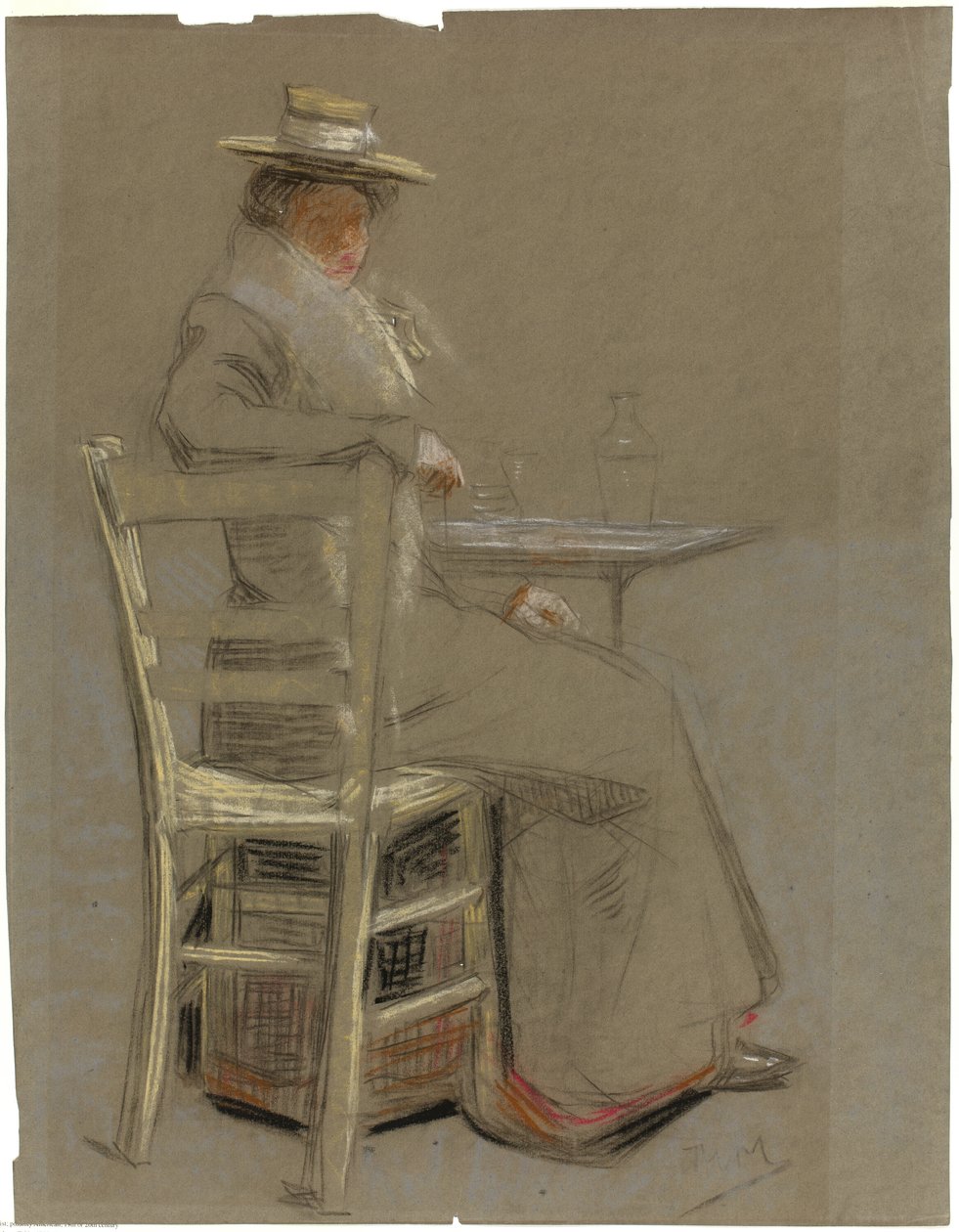 Frau, die an einem Tisch sitzt von Unknown artist