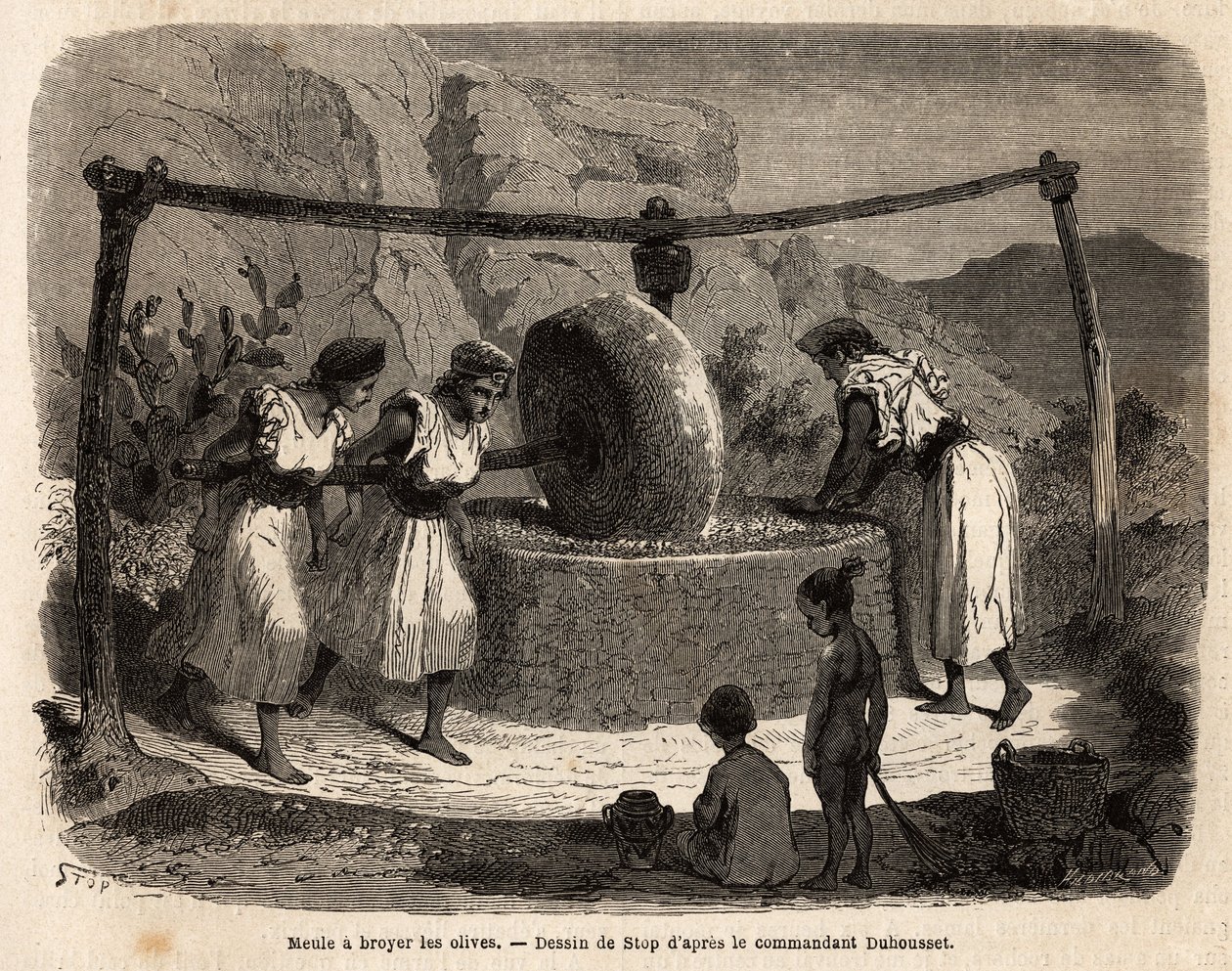 Frauenarbeit, Olivenmühle, eines der Hauptagrarprodukte in Djurjura (Algerien). Illustration des Ausflugs nach Groß-Kabylie, zwischen dem Mittelmeer und Djurjura, 1864, von Kommandant Duhousset, in "Le tour du monde, nouveau" von Unknown artist