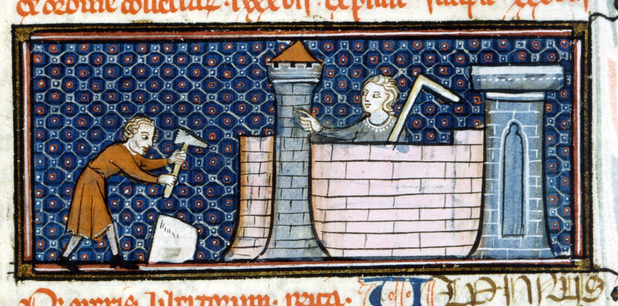 Arbeiter, die ein befestigtes Kloster bauen, Miniatur aus der Mitte des 13. Jahrhunderts. Biblioteca Trivulziana von Unknown artist