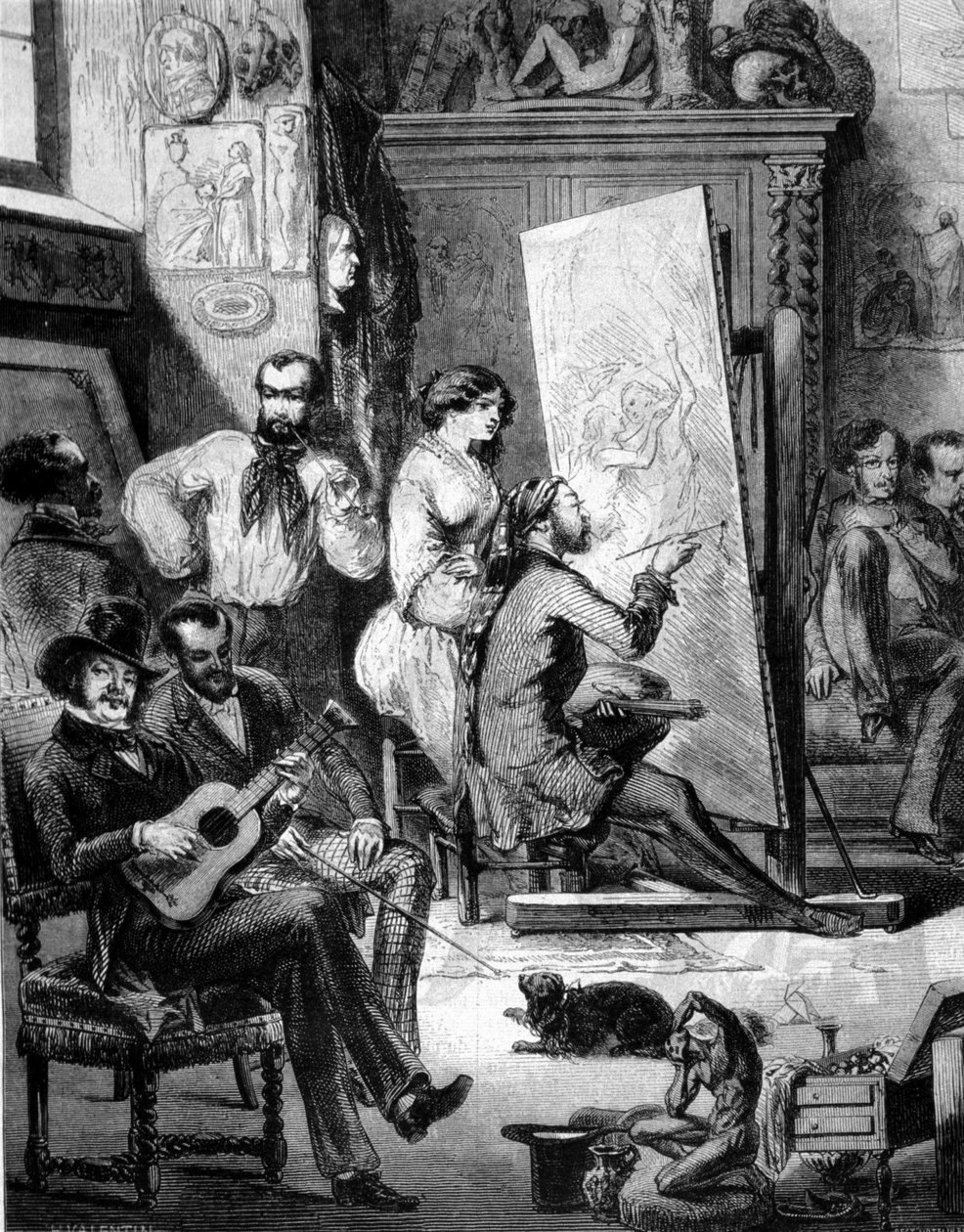 Werkstatt eines Malers im 19. Jahrhundert. Einige spielen Musik, andere rauchen, während der Maler zeichnet. Gravur des 19. Jahrhunderts von Unknown artist