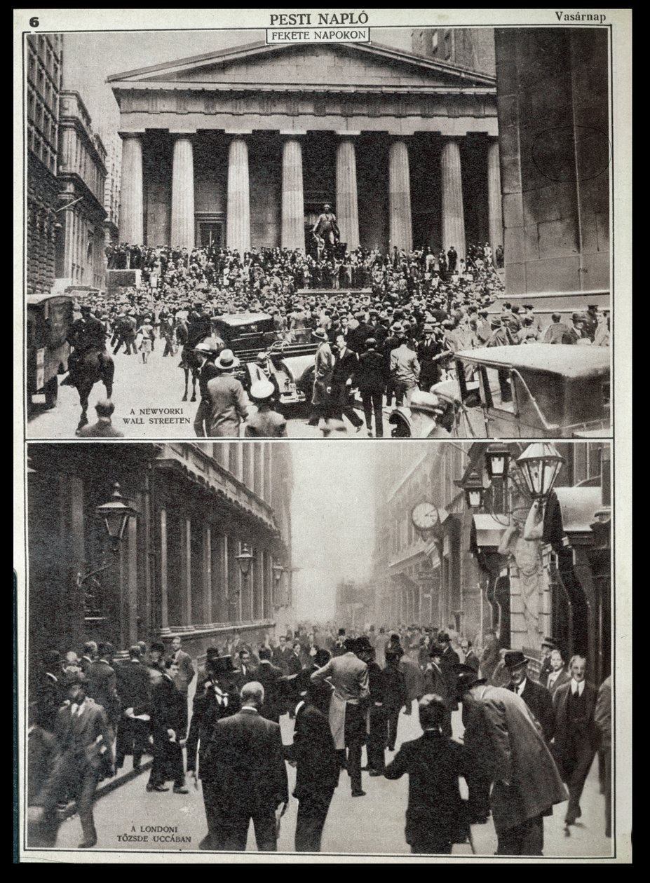 Oben: Schwarze Tage an der Wall Street; Unten: die Börse in London zur Zeit des Crashs 1929, aus 