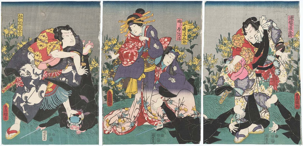 Schauspieler Ichikawa Danjuro VIII als Nuregami Chogoro, Ichikawa Saruzo I als Yamasaki Yogoro, Iwai Kumesaburo III als Azuma vom Fujiya, und Arashi Rikan III als Hanaregoma Chokichi von Utagawa Kunisada