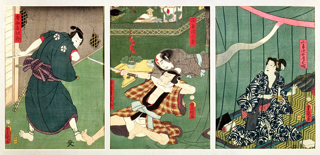 Die Schauspieler Ichikawa Kodanji IV als der Geist von Koheiji mit wai Kumesaburo als O-Tsuka, Frau von Koheiji, Sawamura Tossho II und Kijiro in einer Szene aus dem Stück 