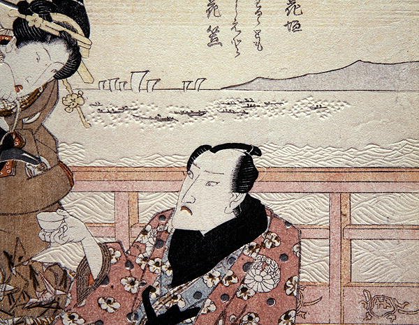 (Detail) Onoe Kikugoro III beim Teetrinken in Shinagawa, ca. 1825 von Utagawa Kunisada
