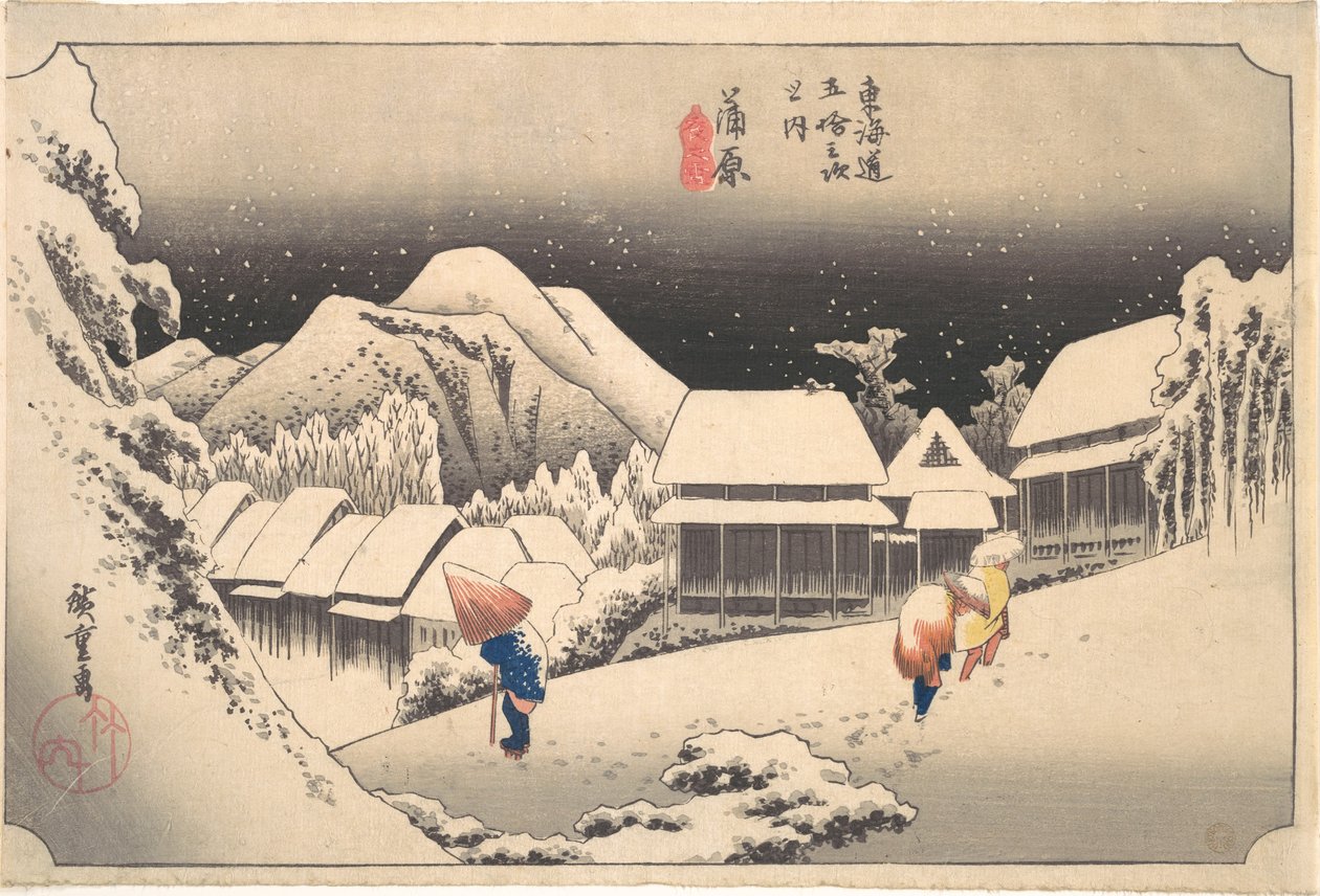 Ein verschneiter Abend an der Kanbara-Station von Utagawa Hiroshige