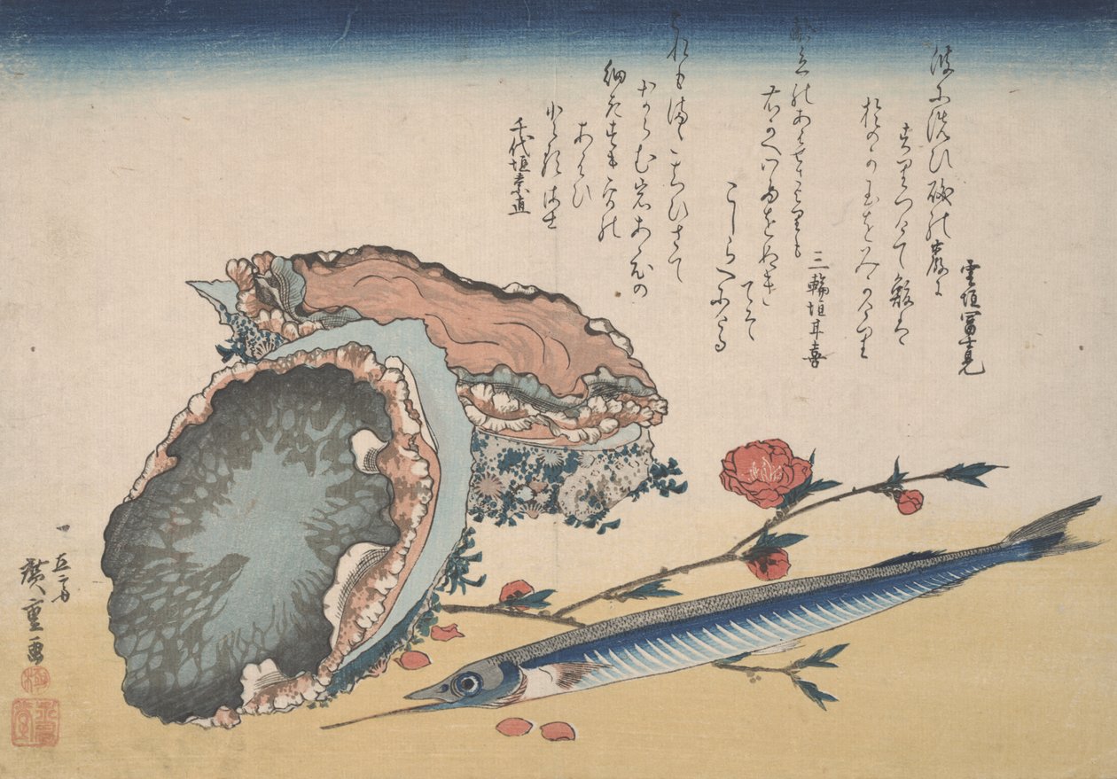 Abalone, Halbschnabel und Pfirsichblüte von Utagawa Hiroshige