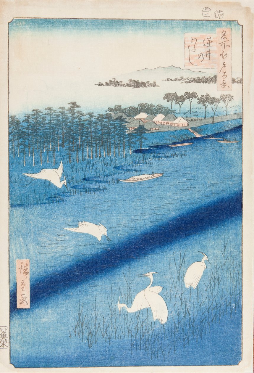 Weiße Reiher am Fluss Sakasai, Tafel 58 aus der Serie: Hundert berühmte Ansichten von Edo von Utagawa Hiroshige