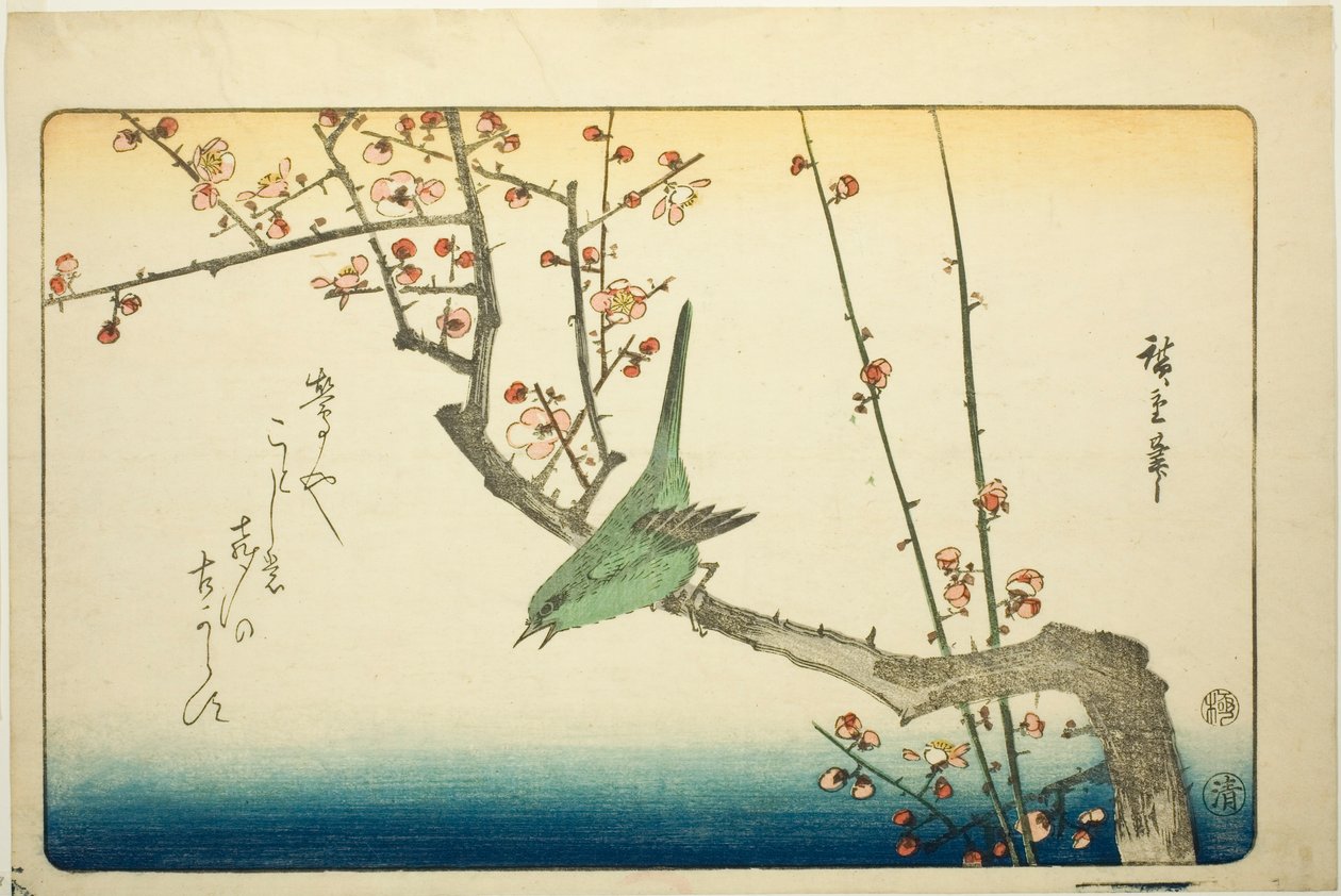 Buschsänger auf Pflaumenzweig von Utagawa Hiroshige