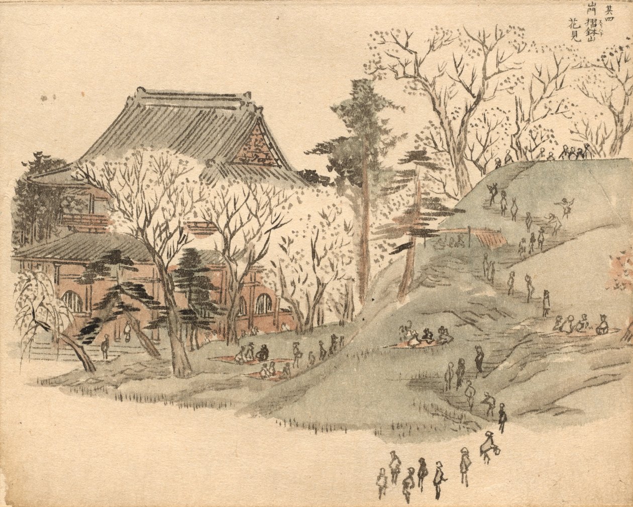 Kirschblütenbetrachtung am Tempel auf dem Berg Suribachi nach einem Entwurf in Band 5 des Bilderbuchs der Souvenirs von Edo (Ehon Edo miyage) von Utagawa Hiroshige