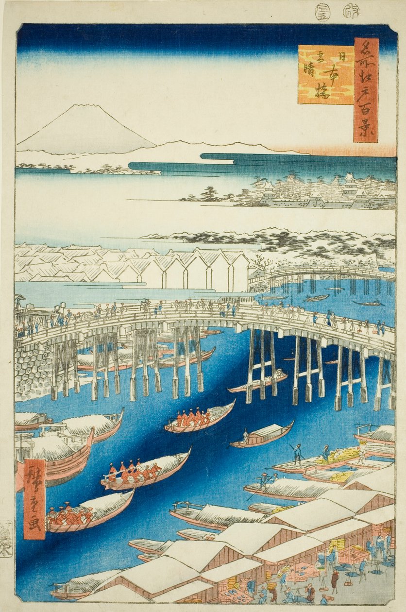 Klares Wetter nach Schnee an der Nihon-Brücke (Nihonbashi yukibare), aus der Serie "Hundert berühmte Ansichten von Edo (Meisho Edo hyakkei)" von Utagawa Hiroshige