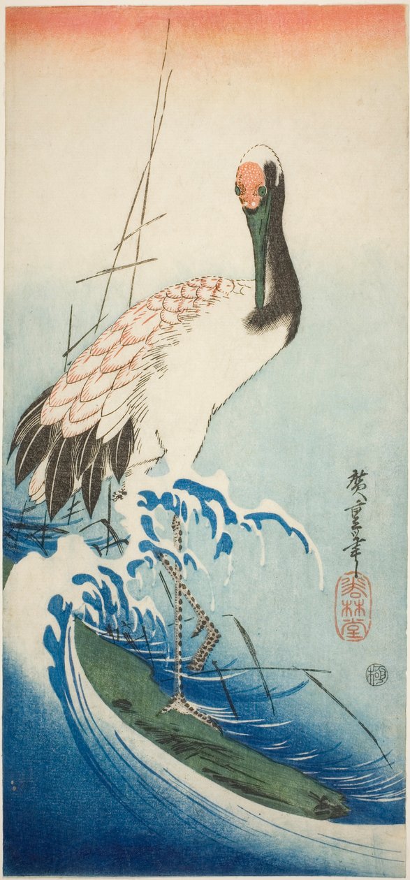 Kranich und Wellen von Utagawa Hiroshige