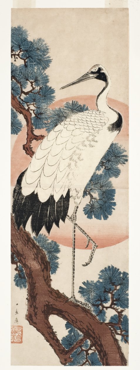 Kranich im Kiefernbaum bei Sonnenaufgang, 1850-55 von Utagawa Hiroshige