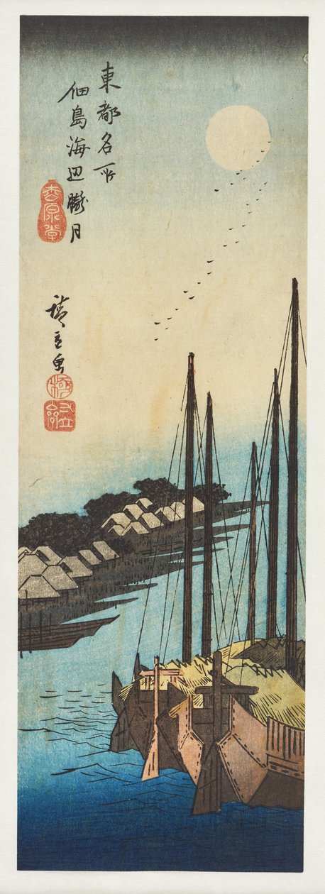 Der Nebelmond über dem Meer bei Tsukuda aus der Serie »Berühmte Ansichten der östlichen Hauptstadt« von Utagawa Hiroshige