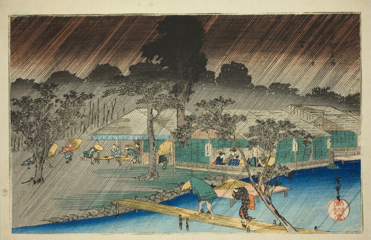 Abendregen am Ufer des Tadasu-Flusses (Tadasugawara no yudachi), aus der Serie "Berühmte Orte in Kyoto (Kyoto meisho no uchi)" von Utagawa Hiroshige