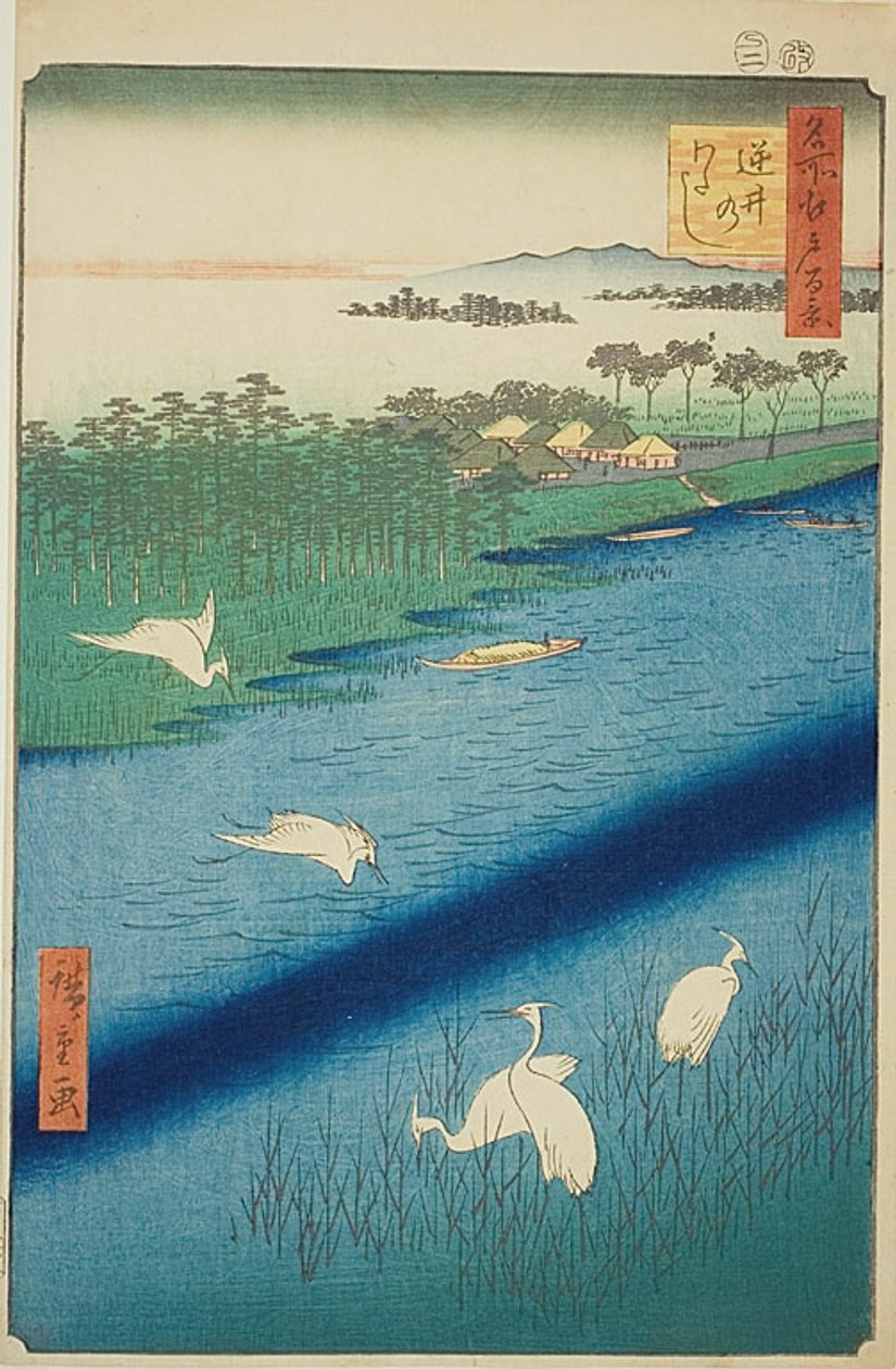 Fährüberfahrt bei Sakasai (Sakasai no watashi), Nr.67 aus der Serie „Hundert berühmte Ansichten von Edo (Meisho Edo hyakkei)“ von Utagawa Hiroshige