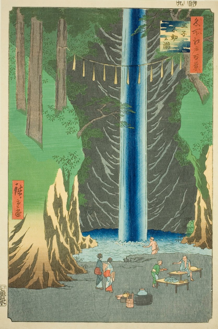 Fudo-Wasserfall in Oji (Oji Fudo no taki), aus der Serie "Hundert berühmte Ansichten von Edo (Meisho Edo hyakkei)" von Utagawa Hiroshige