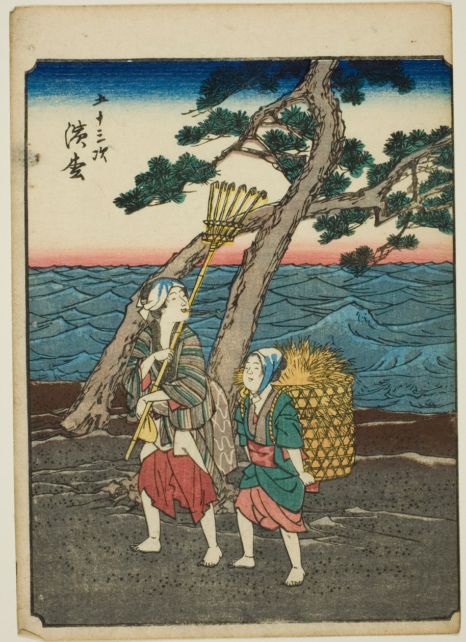 Hamamatsu, aus der Serie "Dreiundfünfzig Stationen [des Tokaido] (Gojusan tsugi)," auch bekannt als die Figuren-Tokaido (Jinbutsu Tokaido) von Utagawa Hiroshige