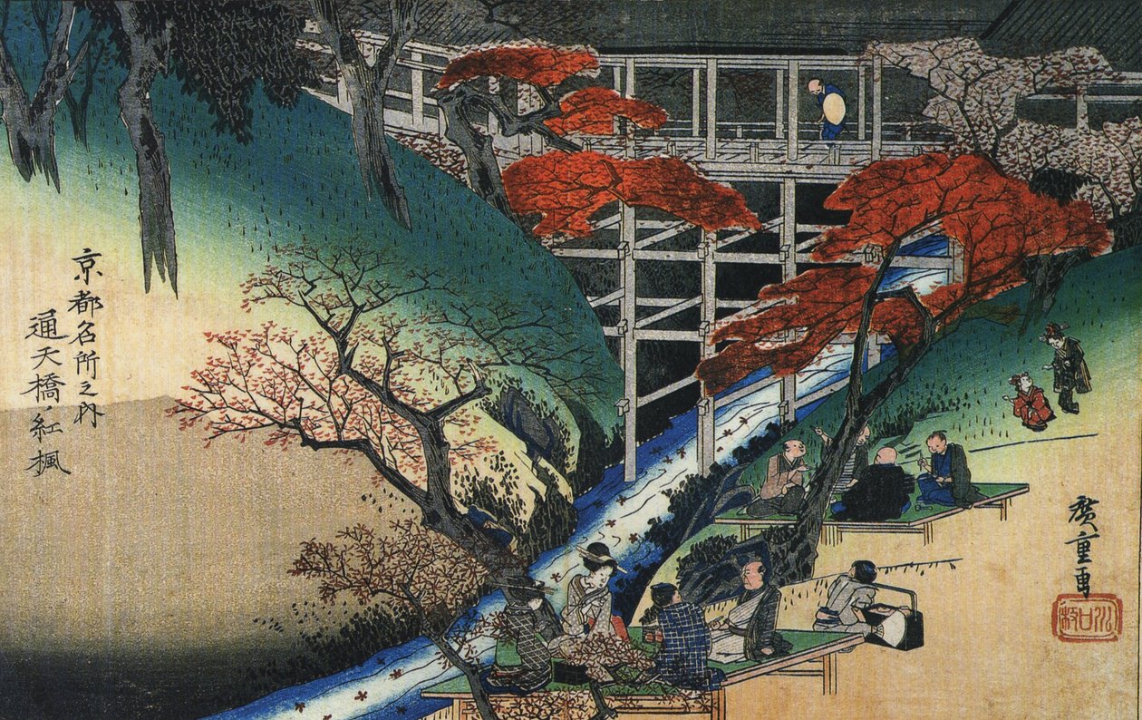 Menschen unter Ahornbäumen an einem Bach von Utagawa Hiroshige