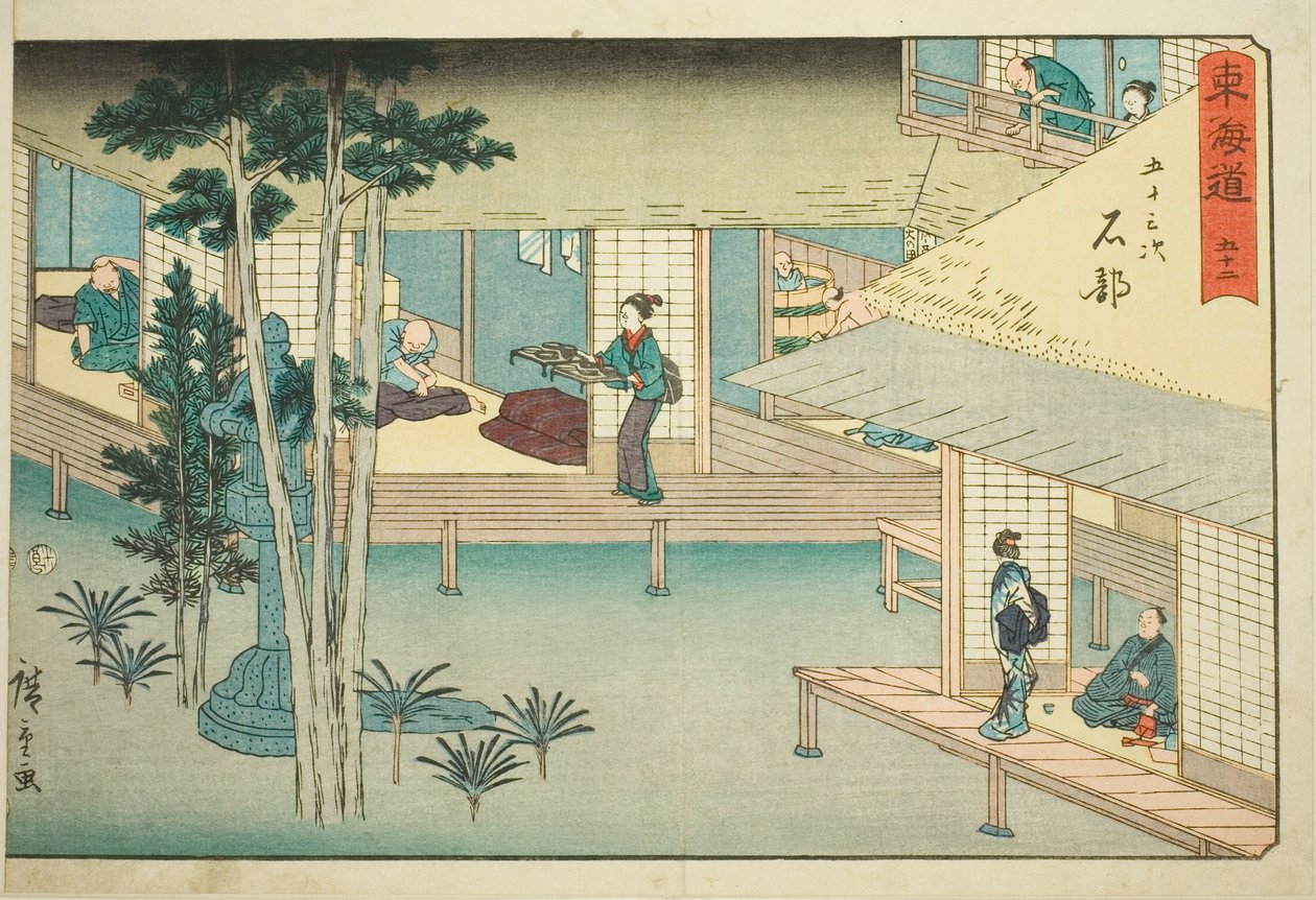 Ishibe—Nr. 52, aus der Serie "Fifty-three Stations of the Tokaido (Tokaido gojusan tsugi)," auch bekannt als Reisho Tokaido von Utagawa Hiroshige