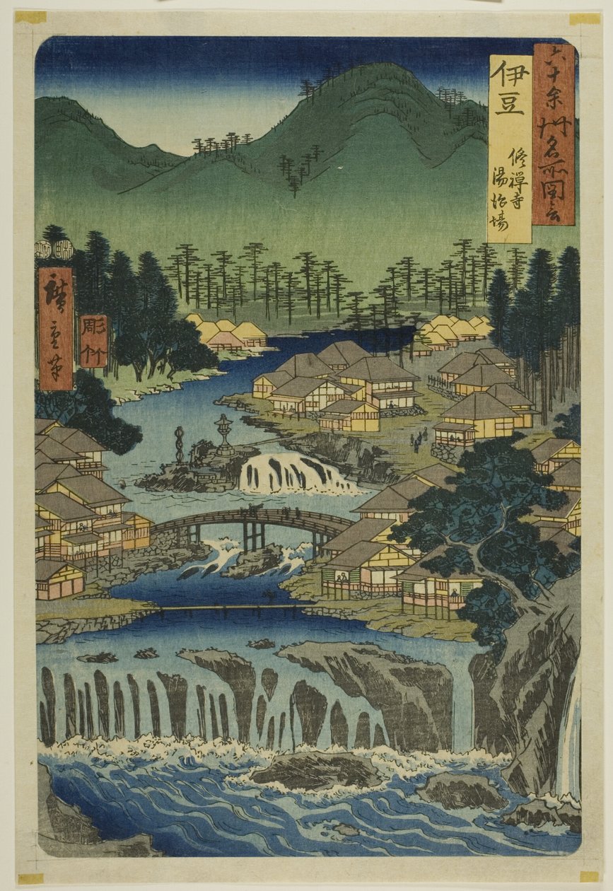 Provinz Izu: Heiße Quellen des Shuzen-Tempels, aus der Serie "Berühmte Orte in den Sechzig-ungefähr Provinzen" von Utagawa Hiroshige